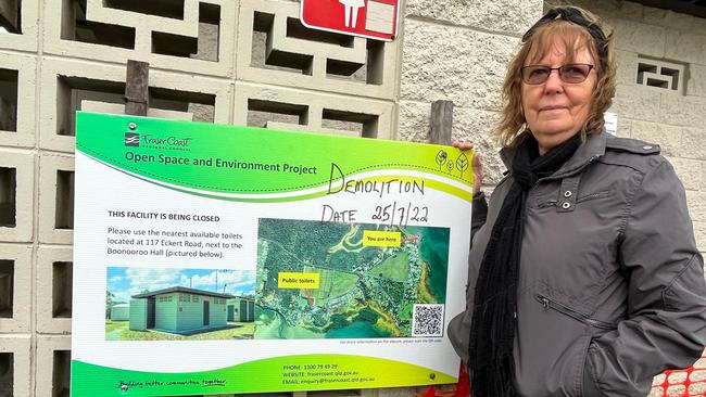 Ann-Maree Macdonald stands outside the recently decommissioned Boonooroo toilet block.