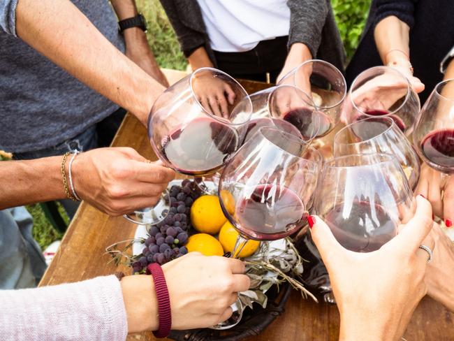 ESCAPE: Friends toasting with red wine on the lunch, Vineyard, Napa Valley. Picture: Istock