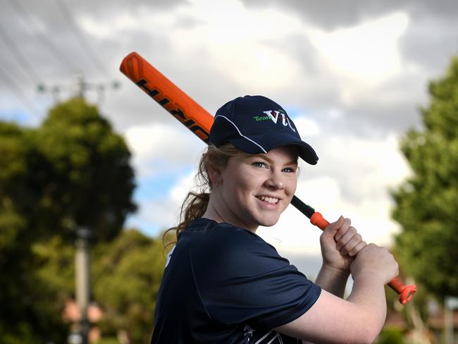 Chelsea Kimber in her Cranbourne street. She's been selected in the School Sports Victoria Under 17 Softball team and will go to Cairns in May to compete. PICTURE : PENNY STEPHENS. 6th APRIL 2018