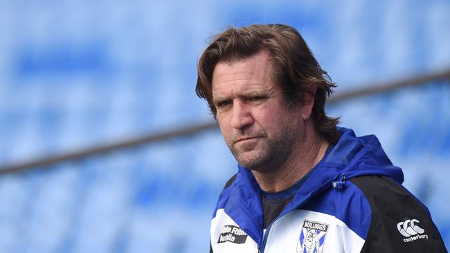 **FILE** A Wednesday, September 7, 2016 image reissued Tuesday, September 19, 2017 of Canterbury-Bankstown Bulldogs NRL coach Des Hasler during a training session in Sydney. Canterbury have sacked coach Des Hasler from the NRL club. Hasler signed a two-year contract extension with the club in April, but failed to take the team to the finals for the first time since his arrival in 2012. (AAP Image/Paul Miller) NO ARCHIVING