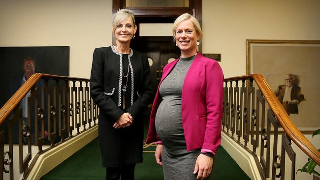 Speaker Elise Archer, left, with Labor MHA Rebecca White announcing the historic change for breastfeeding mothers at State Parliament today. Picture: SAM ROSEWARNE