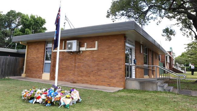 Residents have been leaving flowers outside Chinchilla Police Station in memory of constables Rachel McCrow and Matthew Arnold, who were murdered in cold blood on Monday. Picture: David Clark NCA/NewsWire