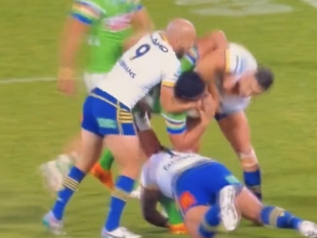 Parramatta's Junior Paulo escaped a ban for this tackle. Pic: Fox League