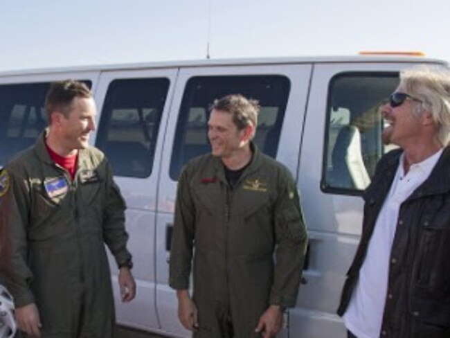 Branson is pictured with Mike Alsbury (left) and pilot Mark Forger. Picture: Virgin Galactic