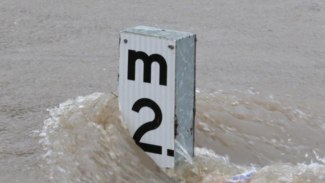 The Parramatta River flood sign is almost submerged / Picture: Matthew Sullivan