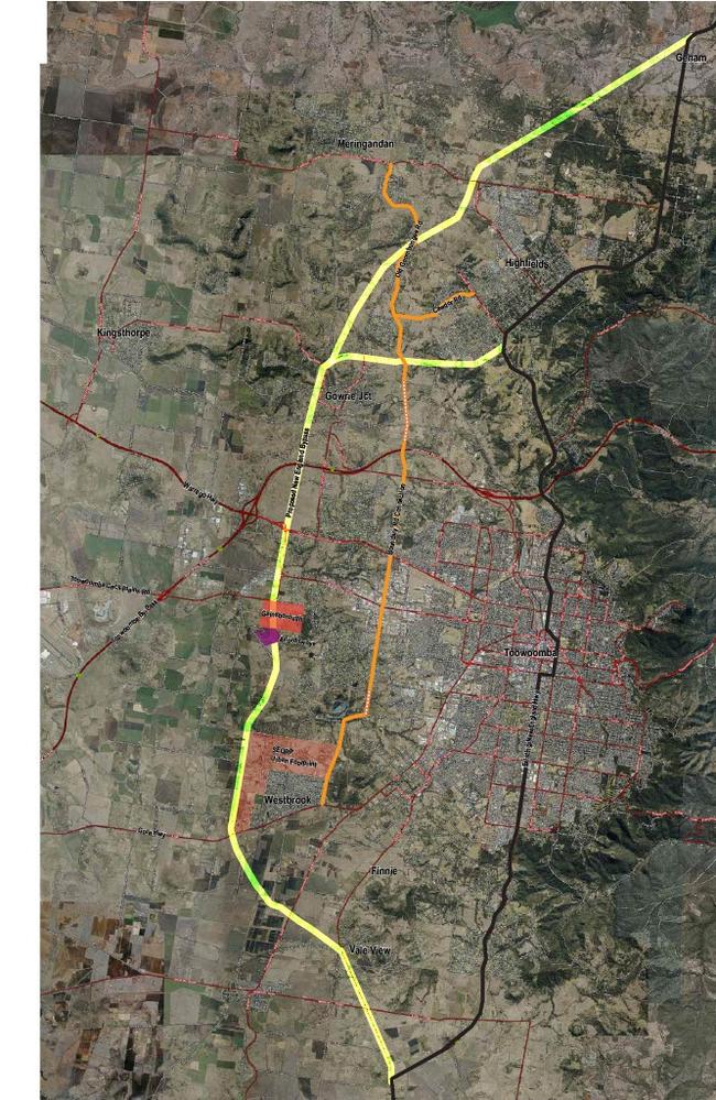 A recent (but not final) map of corridor for new New England Highway bypass around Highfields and Toowoomba.