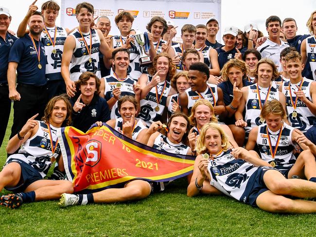 South Adelaide celebrates winning the SANFL under-16 grand final between South Adelaide and Glenelg in Noarlunga on Sunday, April 25, 2021. (The Advertiser/ Morgan Sette)