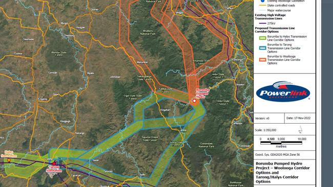 Powerlink Qld has proposed several options for connecting high voltage transmission lines between the planned for Borumba Dam pumped hydro plant and the Woolooga, Halys and Tarong substations.