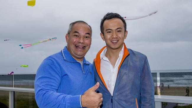 Gold Coast Mayor Tom Tate and Yuu Group Australia director, Jimmy Huang, enjoying the Jewel International Kite Festival on Sunday at Surfers Paradise. Picture: Jerad Williams