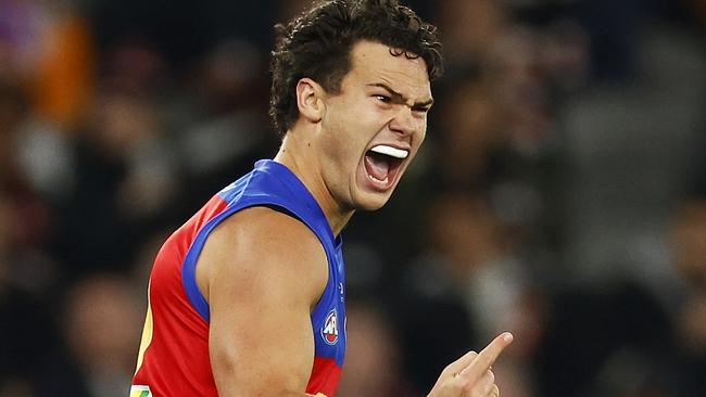MELBOURNE, AUSTRALIA - AUGUST 12: Cam Rayner of the Lions celebrates kicking a goal during the round 22 AFL match between the St Kilda Saints and the Brisbane Lions at Marvel Stadium on August 12, 2022 in Melbourne, Australia. (Photo by Daniel Pockett/AFL Photos/via Getty Images)