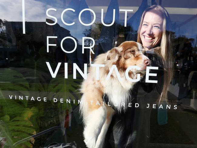 Jodie Hayes and Scout. It's bring your dog to work day on Friday June 21 Scout goes to work each day with owner Jodie Hayes who runs a clothes story in Torquay. The store is named after her "Scout for Vintage". Picture: Alan Barber