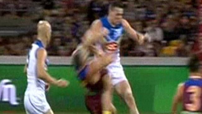 Steven May flattens Stef Martin with a brutal shirt-front.