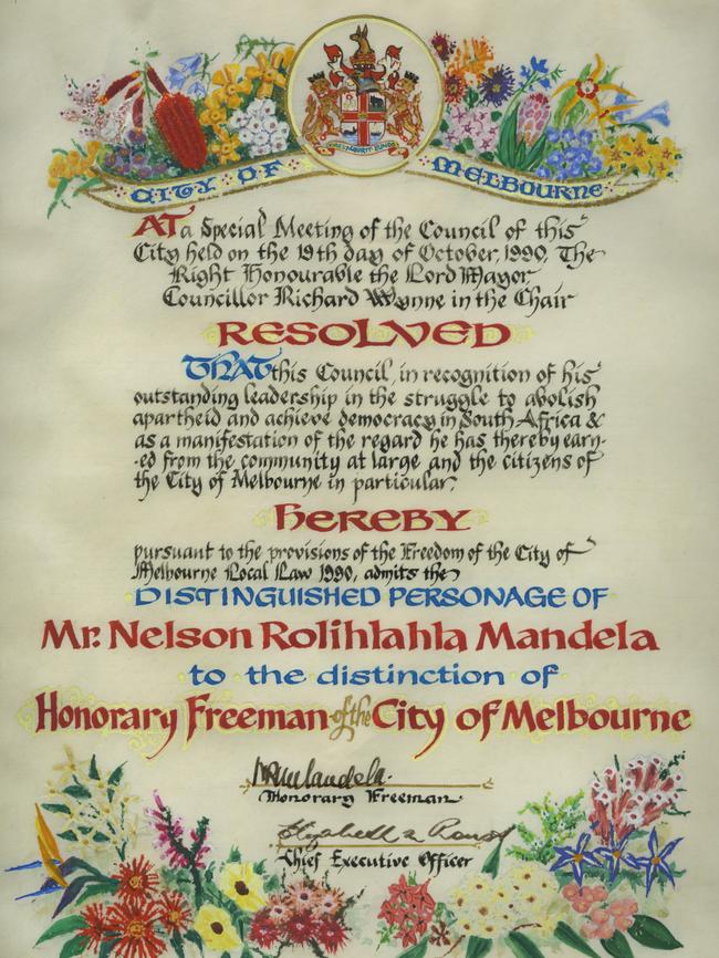 The certificate presented to Nelson Mandela at Melbourne Town Hall, soon after his release in 1990.