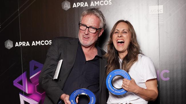 David Bridie and Linda Bosidis pose after winning the Best Music for a Documentary category at the annual Screen Music Awards in Melbourne. AAP/Stefan Postles