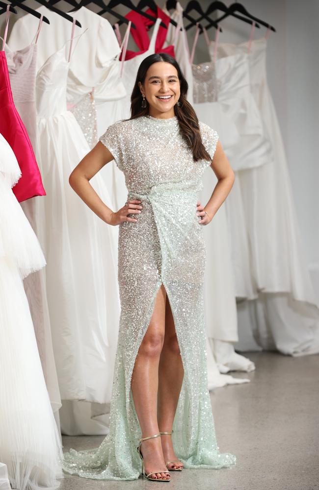 Natalie Docherty, wife of Carlton star Sam Docherty, wears a gown by Kyha Studios as she prepares for the Brownlow Medal. Picture: David Caird