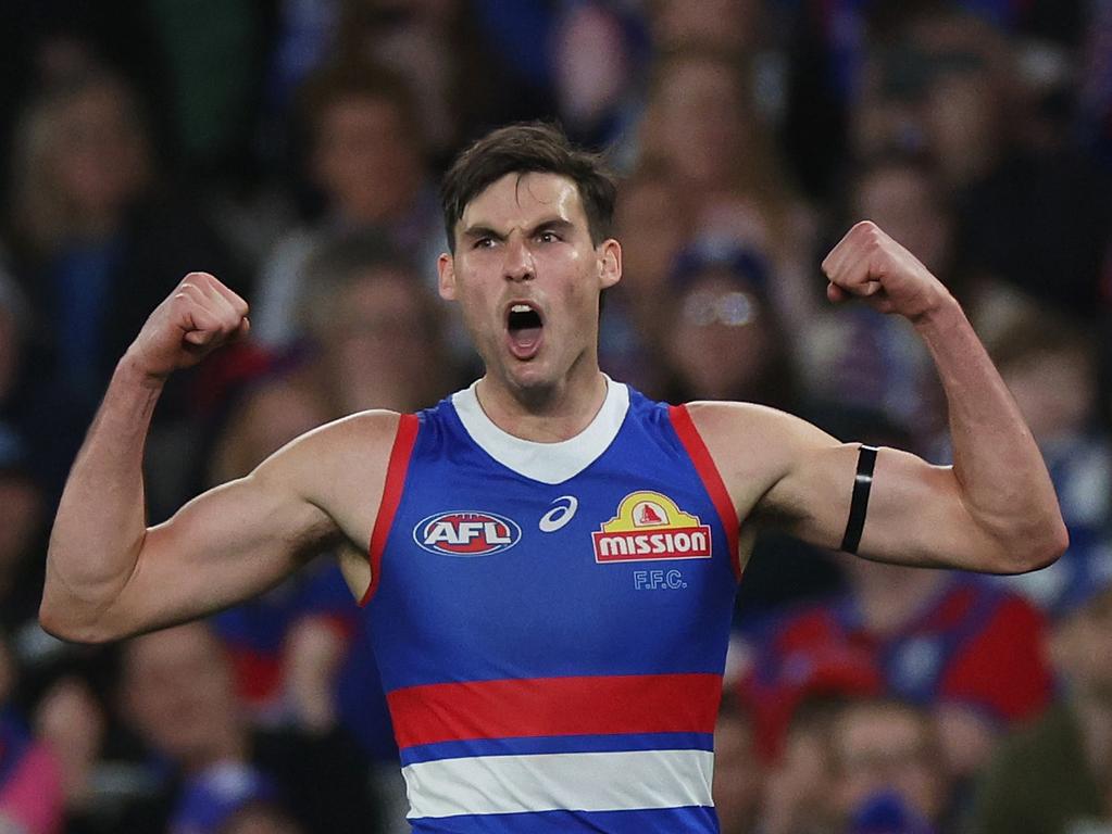 MELBOURNE, AUSTRALIA - AUGUST 18: Sam Darcy of the Bulldogs celebrates kicking a goal during the round 23 AFL match between Western Bulldogs and North Melbourne Kangaroos at Marvel Stadium, on August 18, 2024, in Melbourne, Australia. (Photo by Daniel Pockett/Getty Images)