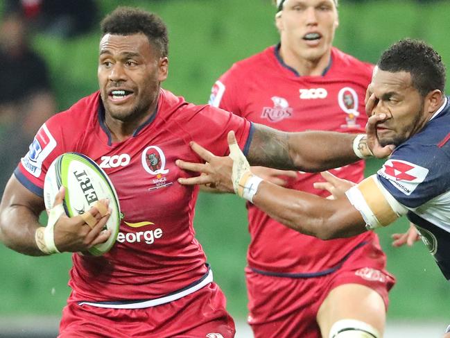 MELBOURNE, AUSTRALIA - MAY 13:  Samu Kerevi of the Reds is tackled by Sefanaia Naivalu of the Rebels during the round 12 Super Rugby match between the Melbourne Rebels and the Queensland Reds at AAMI Park on May 13, 2017 in Melbourne, Australia.  (Photo by Scott Barbour/Getty Images)