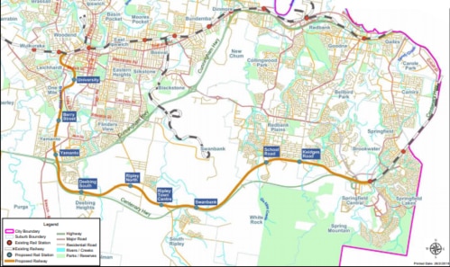 The proposed alignment of the Ipswich to Springfield Central rail line. Picture: Ipswich City Council