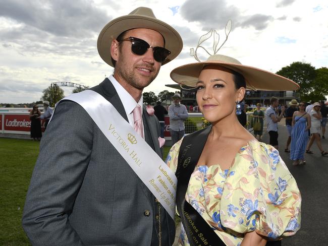 Ladbrokes Sale Cup. Racegoers are pictured attending Cup Day horse races at Sale Turf Club, Sunday 27th October 2024. Fashions on the field contestants and finalists, Mati Arvick and Maddi McConnell. Picture: Andrew Batsch