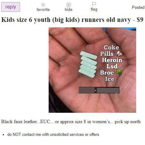 A range of drugs for sale under an ad for a child’s pair of runners. Picture: Craigslist