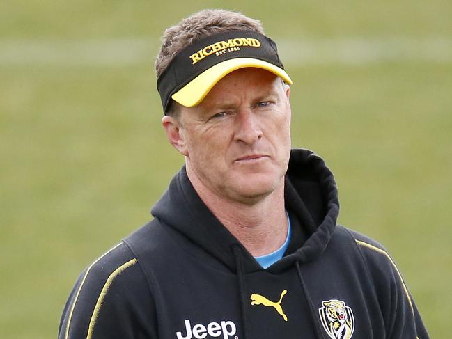 MELBOURNE, AUSTRALIA - SEPTEMBER 15: Richmond senior coach, Damien Hardwick looks on during a Richmond Tigers AFL training session at Punt Road Oval on September 15, 2019 in Melbourne, Australia. (Photo by Darrian Traynor/Getty Images)