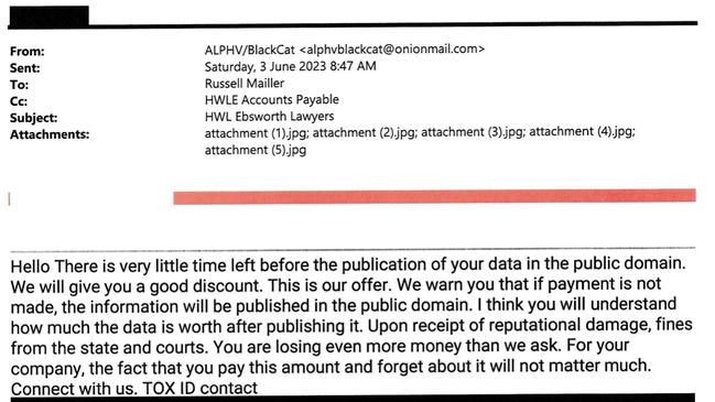 Ransom demands sent to law firm HWL Ebsworth after 4 terabytes of data stolen by Russian hackers. Source: Supreme Court of NSW.