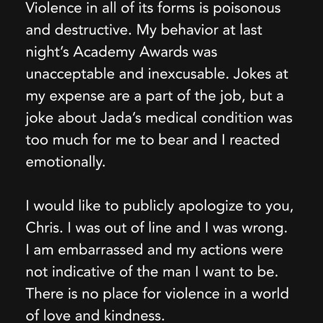 Actor Will Smith’s public apology. Picture: Instagram/Will Smith