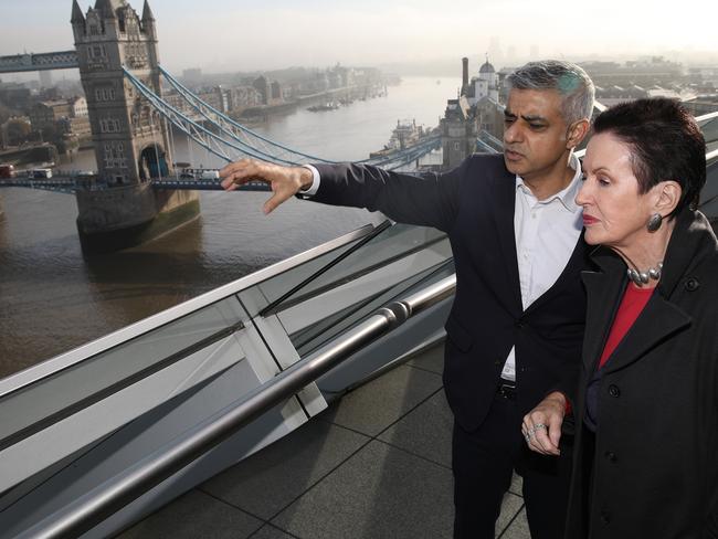 Lord Mayor of Sydney Clover Moore meets Mayor of London Sadiq Khan at the London City Hall. Picture: Ella Pellegrini