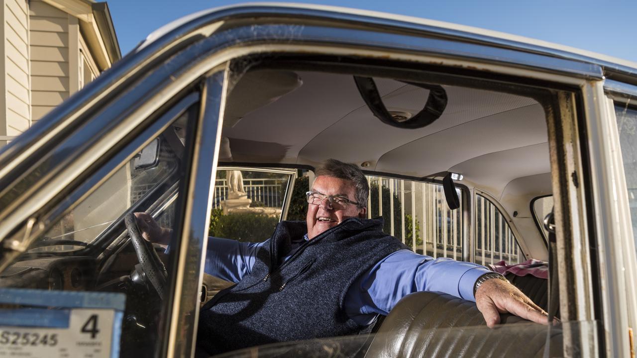 Derek Tuffield with his restoration project, a Triumph car, as the Lifeline Darling Downs CEO announces his retirement, Tuesday, August 17, 2021. Picture: Kevin Farmer