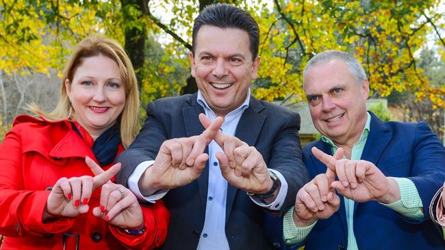 Nick Xenophon, Rebekha Sharkie and Stirling Griff. Picture: Brenton Edwards