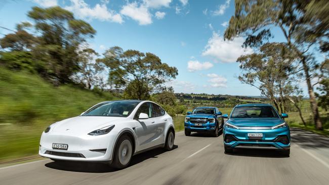 The Tesla Model Y and BYD Atto 3 impressed during Car of the Year testing. Picture: Thomas Wielecki