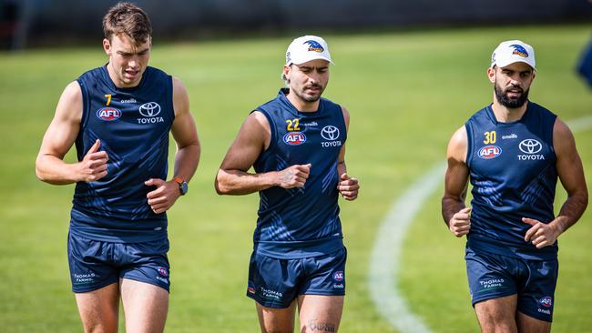 Riley Thilthorpe, Izak Rankine and Wayne Milera at Adelaide’s first training session of the pre-season. Picture: Tom Huntley