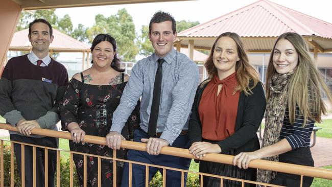 Teach For Australia participants Troy Francesoni, Vanessa Macri, Cameron Halvorson, Bridget Staude and Phoebe Berndt. Picture: Travis Anderson