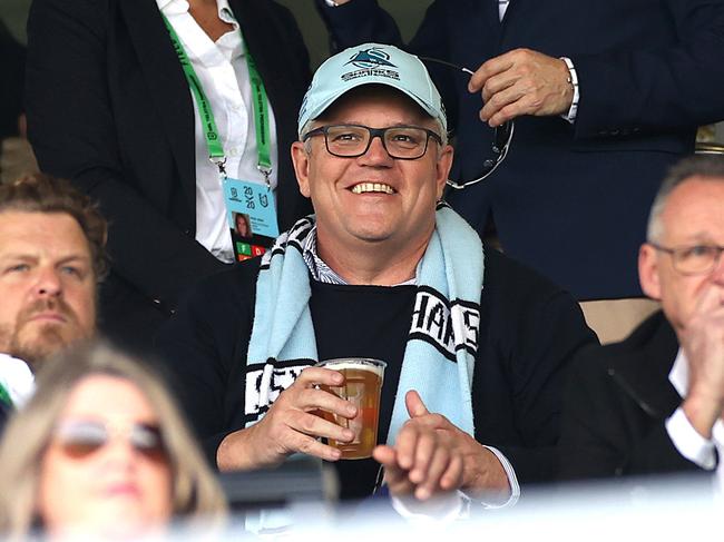 Australian Prime Minister Scott Morrison attending the NRL match between the Cronulla Sharks and Penrith Panthers at Kogarah Oval. Picture. Phil Hillyard