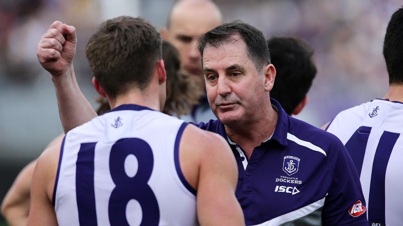 Ross Lyon addresses players during a clash with West Coast. Picture: Getty