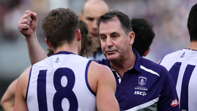 Ross Lyon addresses players during a clash with West Coast. Picture: Getty