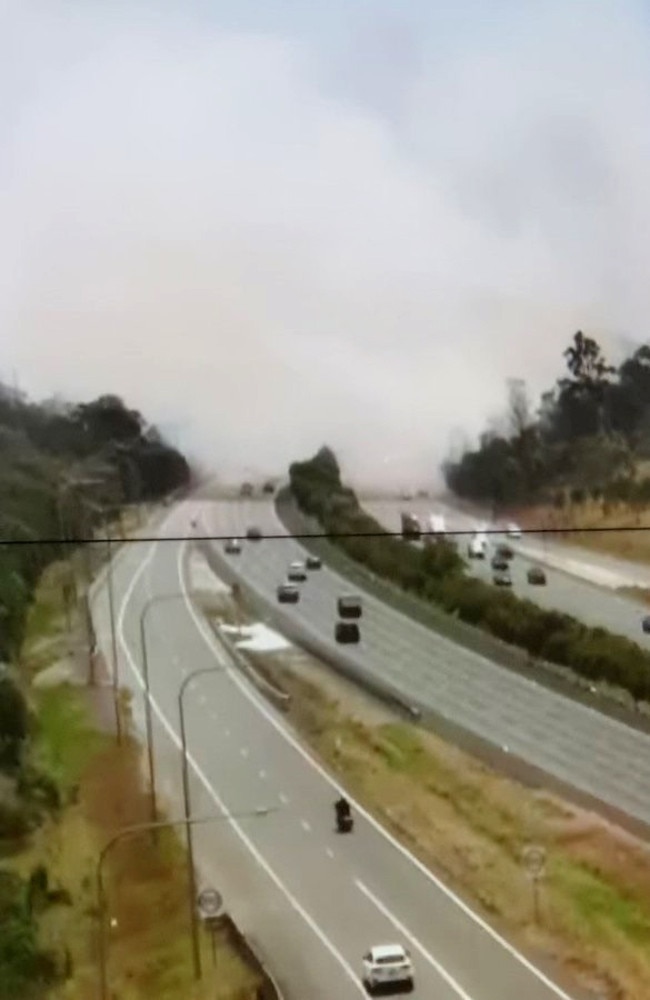 Visibility on the Bruce Highway at Narangba around lunchtime today. Picture: Supplied Facebook Queensland Ambulance