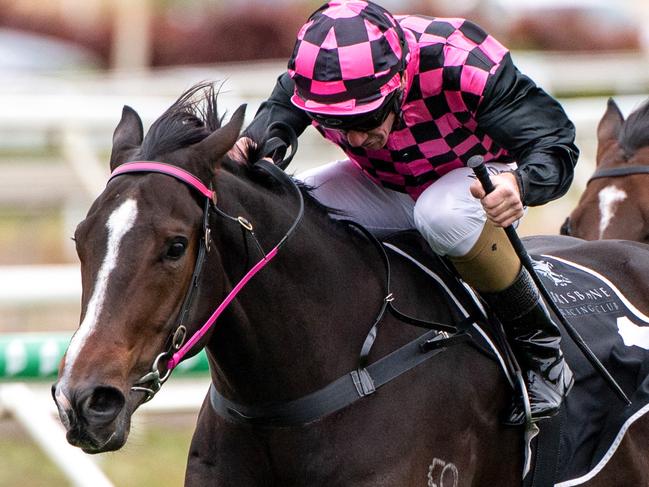 Jockey Jim Byrne rides Rothfire to victory in race 6, the Moet & Chandon Champagne Classic, during Eagle Farm Race Day at Eagle Farm Racecourse in Brisbane, Saturday, May 23, 2020. (AAP Image/Supplied by Michael McInally, Racing Queensland) NO ARCHIVING, EDITORIAL USE ONLY