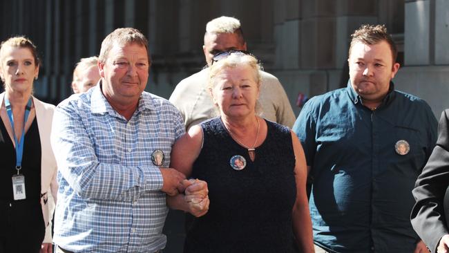 The family of murdered teen Ricky Balcombe, mother Christine Loader, father Graeme Loader and brother Tee-Jay Loader leave the Supreme Court in Melbourne, Monday, April 23, 2018. Picture: AAP Image/Stefan Postles.