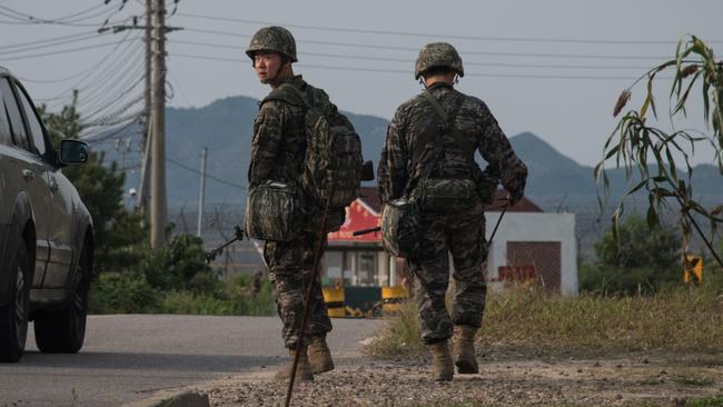 South Korean troops at a checkpoint near the DMZ. Picture: AFP