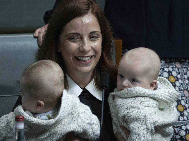 CANBERRA, AUSTRALIA NewsWire Photos MARCH 22, 2021: Anika Wells with her twins Ossian and Dashiell before Question Time in Parliament House in Canberra.Picture: NCA NewsWire / Gary Ramage