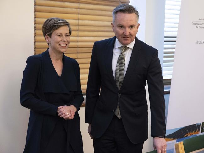 Minister for Climate Change and Energy Chris Bowen with Senator Jenny McAllister, opened the Climate and Energy Jobs Summit in Parliament House. Picture: NCA NewsWire / Gary Ramage