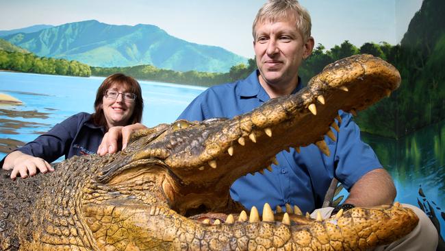 Angela and Peter Freeman of Hartley's Creek Crocodile Farm are celebrating the park's 75th anniversary. Angela and Peter pose with Charlie – a stuffed crocodile – the farm's first attraction.