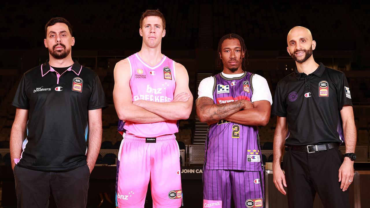 Mody Maor, Coach of the New Zealand Breakers, Tom Abercrombie of the New Zealand Breakers, Jaylen Adams of the Sydney Kings and Mahmoud Abdelfattah, Coach of the Sydney Kings pose for a photo during the 2024 NBL Finals Launch at John Cain Arena on February 20, 2024 in Melbourne, Australia. (Photo by Kelly Defina/Getty Images for NBL)