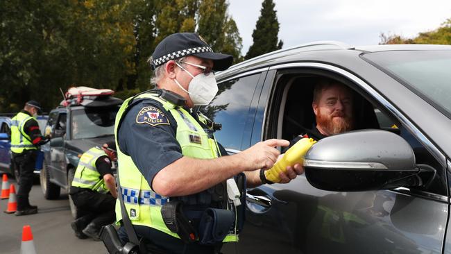 Senior Constable Paul Edwards Tasmania Police conducting a breath test. Tasmania Police launch Operation Safe Arrival in Hobart. Picture: Nikki Davis-Jones