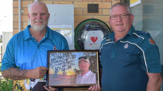 Joels Weeks' dad Matthew Weeks and Officer in charge of Biloela Ambulance Station Terry Zillmann at the Biloela Ambulance Station. Picture: Aden Stokes