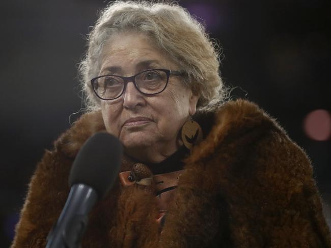 MELBOURNE, AUSTRALIA - MAY 20: Senior Wurundjeri elder Aunty Joy Murphy Wandin performs Welcome to Country before the round 10 AFL match between North Melbourne Kangaroos and Sydney Swans at Marvel Stadium, on May 20, 2023, in Melbourne, Australia. (Photo by Darrian Traynor/AFL Photos/via Getty Images )