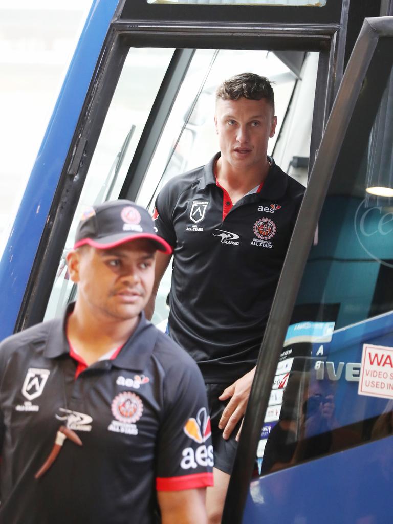 Latrell Mitchell and Jack Wighton at Sydney Airport. Picture: John Grainger