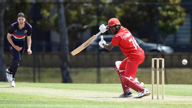 Premier: Footscray’s Ben Roosenboom finds the edge of Casey-South Melbourne opener Ashley Chandrasinghe’s bat. Picture: Steve Tanner