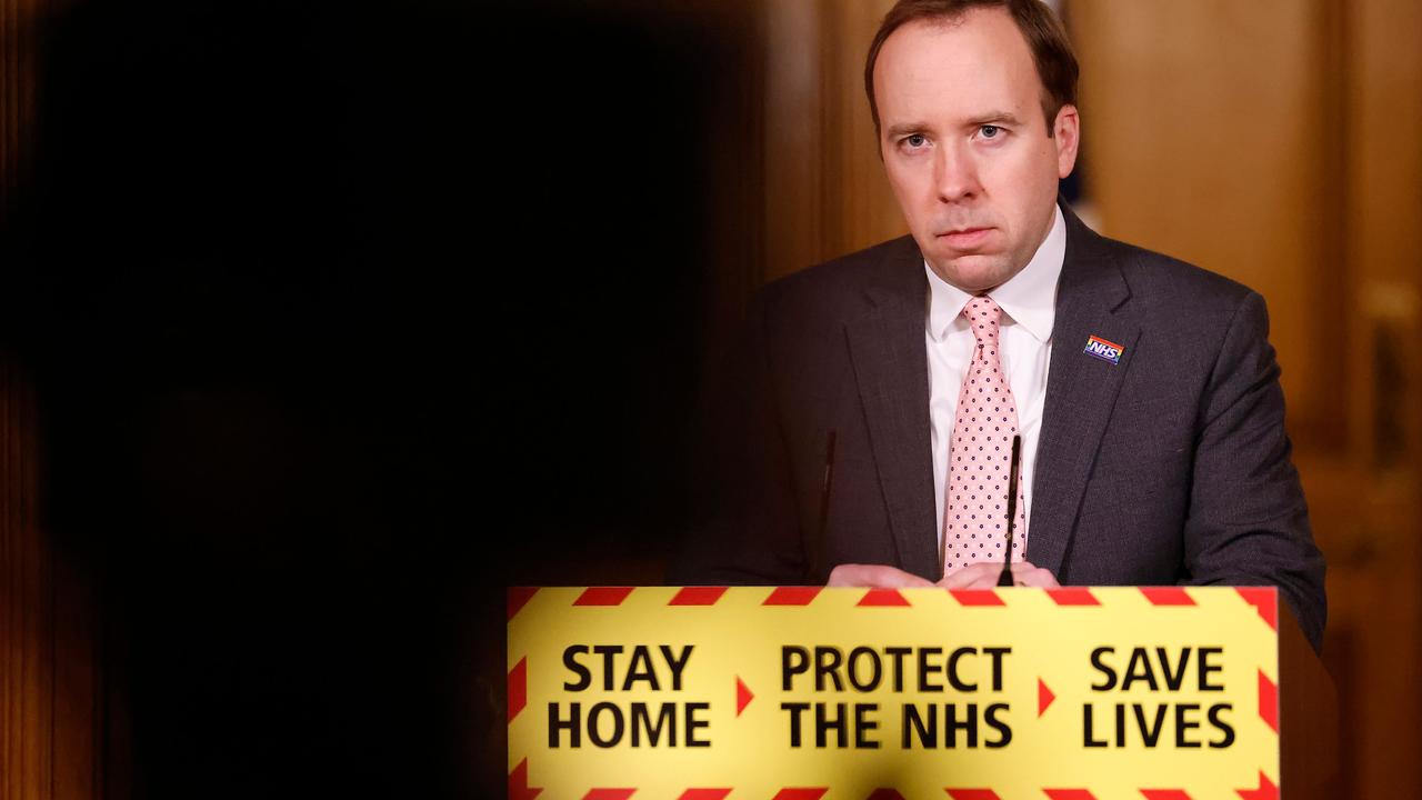 Britain’s Health Secretary Matt Hancock holds a virtual press conference inside 10 Downing Street in central London on February 8, 2021. Picture: Tolga Akmen/AFP